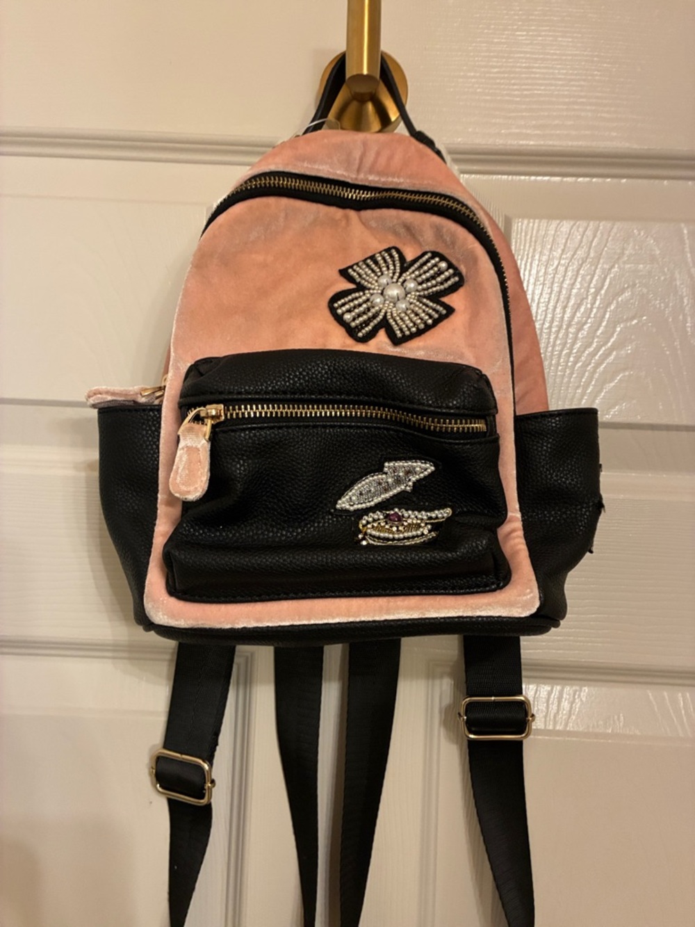Pink‎ Velvet and Black Mini Backpack with Decorative Accents